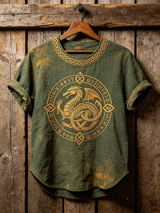 Herren-Vintage-T-Shirt mit keltischem Wikingerknoten und Drachenmuster