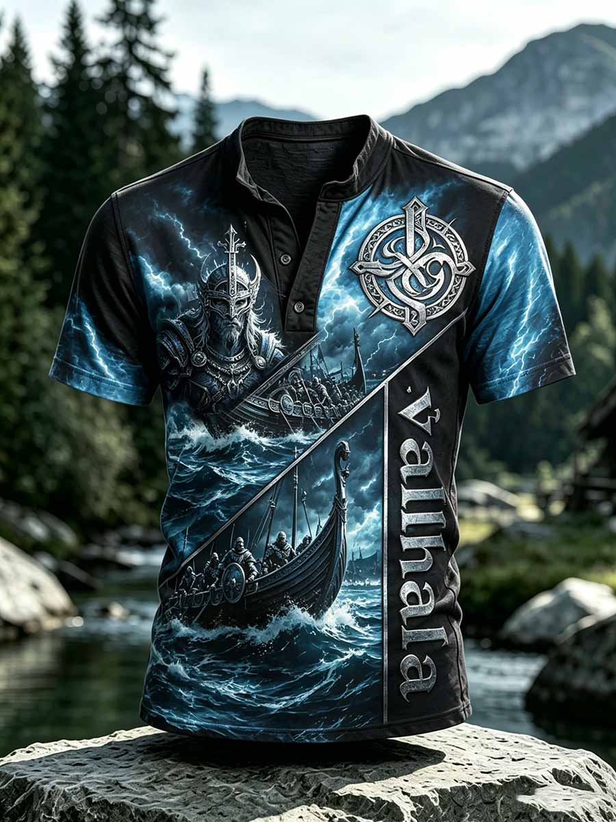 Herren-Retro-T-Shirt mit Wikinger-Valhalla-Muster