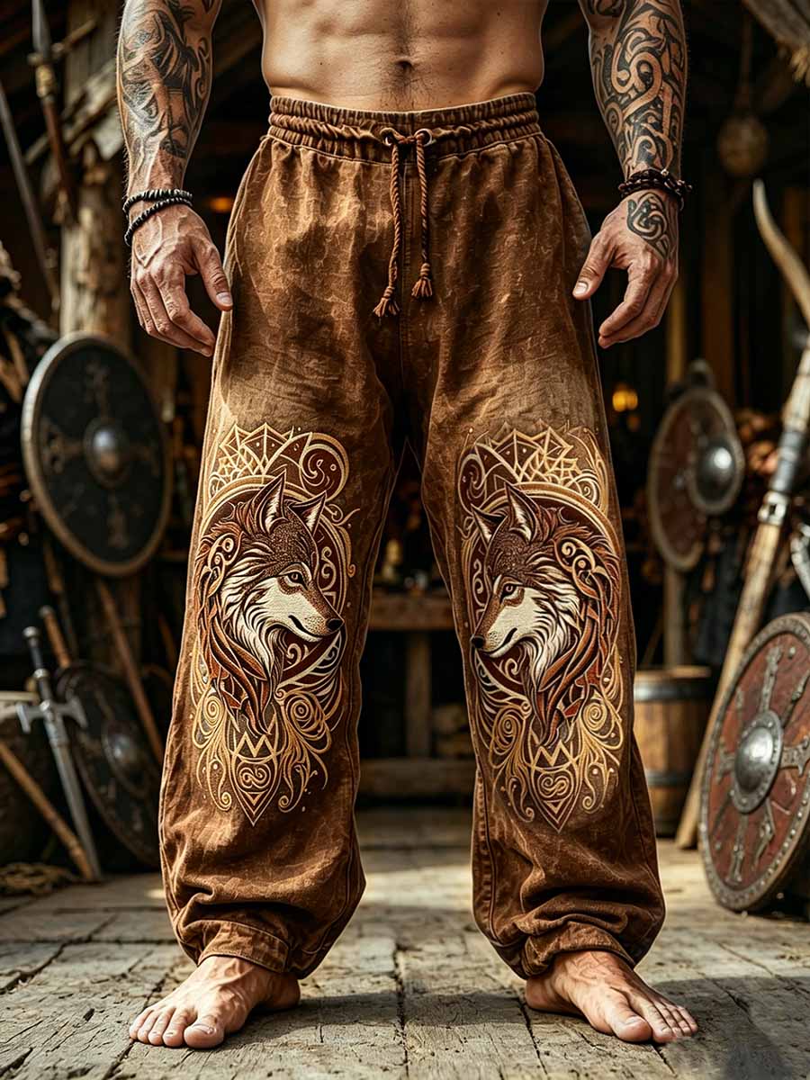 Herren-Hose im Retro-Stil mit keltischem Knoten, Wolf- und Wikinger-Print