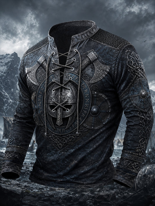 Herren-Retro-Viking-Art-Print-Lässiges Oberteil