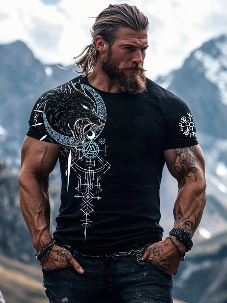 Herren-Retro-Viking-Art-Print-Lässiges T-Shirt