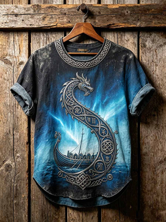 Herren-Vintage-T-Shirt mit gedrucktem Wikinger-Drachenschiff-Motiv