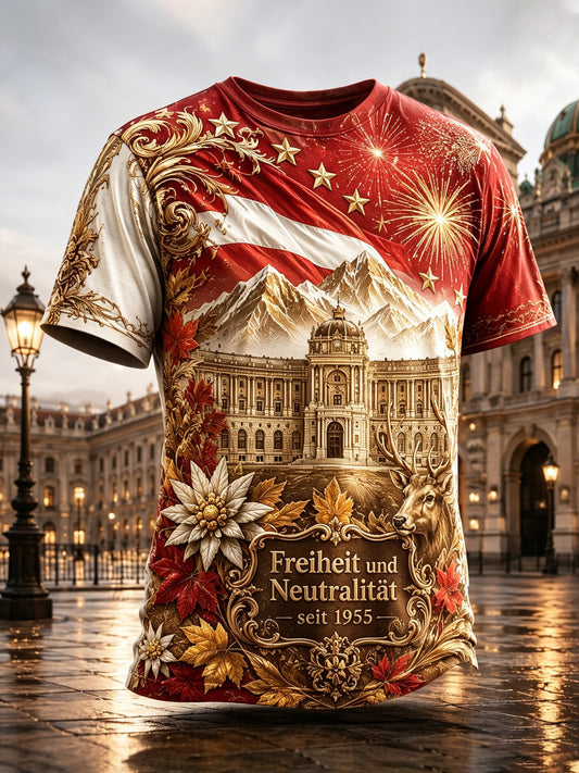 Herren-Art-Print-T-Shirt zur Erinnerung an den österreichischen Nationalfeiertag