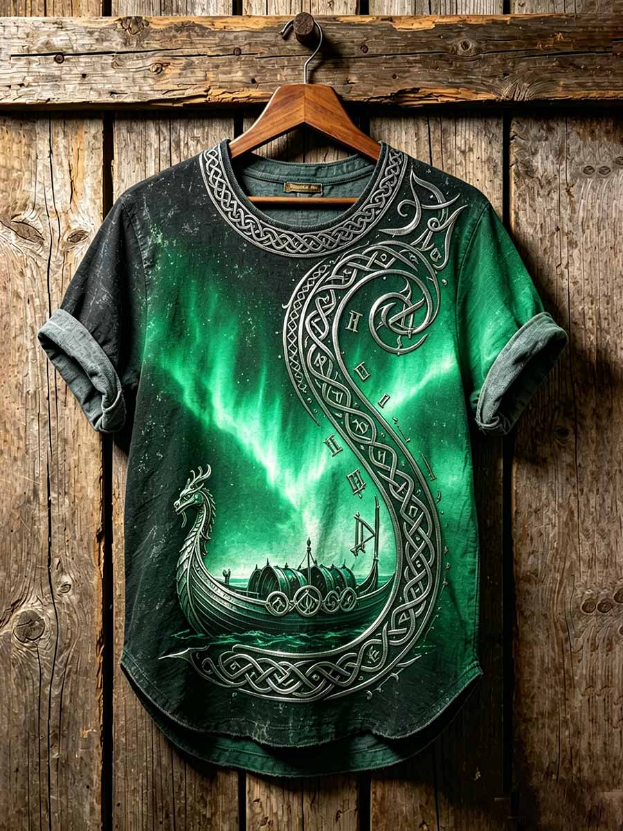 Herren-Vintage-T-Shirt mit gedrucktem Wikinger-Drachenschiff-Motiv