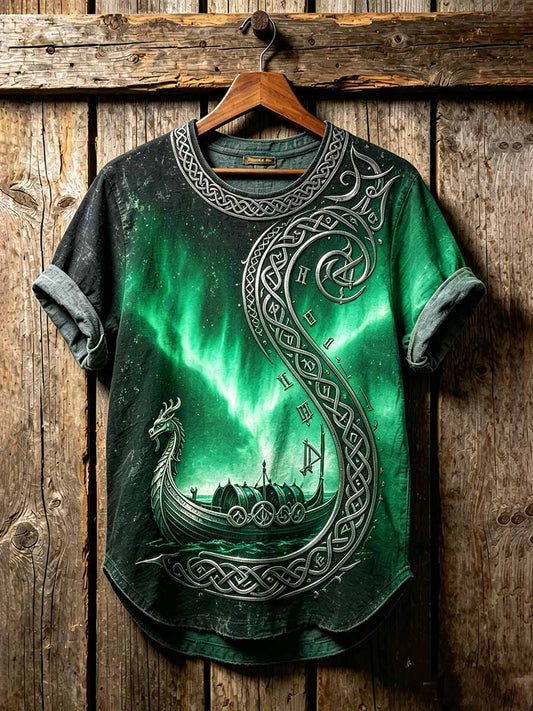 Herren-Vintage-T-Shirt mit gedrucktem Wikinger-Drachenschiff-Motiv