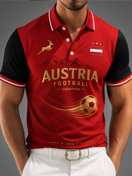 Herren-Poloshirt aus Österreich mit kunstvollen Print-Elementen für Cheerleading-Wettkämpfe