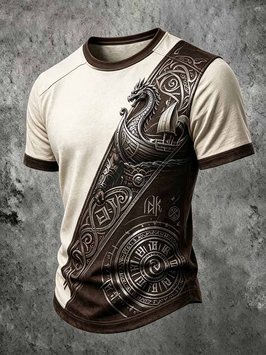 Herren-Retro-T-Shirt mit Drachenkopf- und Schiffsmotiv im Wikingerstil
