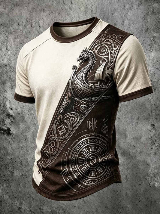 Herren-Retro-T-Shirt mit Drachenkopf- und Schiffsmotiv im Wikingerstil