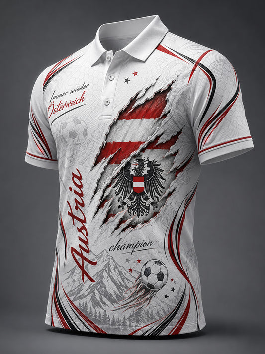 Herren-Poloshirt aus Österreich mit kunstvollen Print-Elementen für Cheerleading-Wettkämpfe