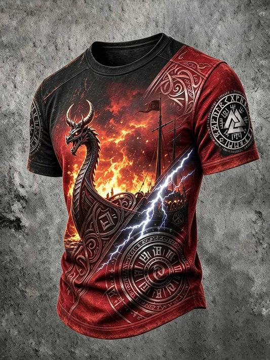 Herren-Retro-T-Shirt mit Drachenkopf- und Schiffsmotiv im Wikingerstil