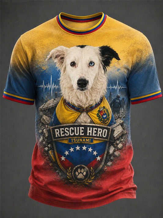 Herren-T-Shirt mit venezolanischem Heldenhund, Tsunami-Motiv und patriotischer Botschaft für Hundeliebhaber