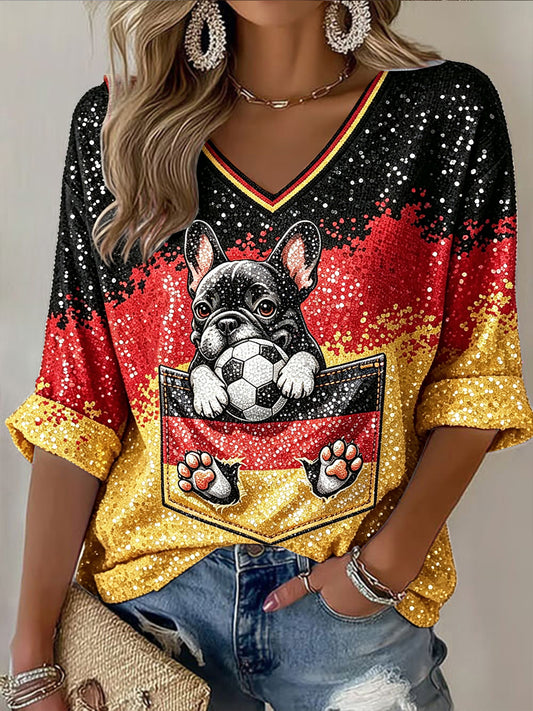 Damen-T-Shirt mit niedlichem Hund, Fußball-Print und V-Ausschnitt im Stil der deutschen Flagge