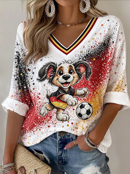 Damenweißes, niedliches T-Shirt mit deutscher Flagge und Hund-Fußball-Print, lässig, V-Ausschnitt