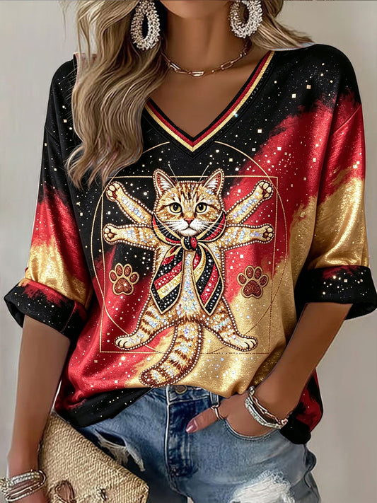 Damen-Deutsch niedliches Katzen-Verlaufsmuster lässiges V-Ausschnitt-T-Shirt
