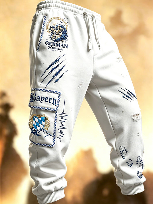 Herren-Hose in Weiß mit bayerischem Löwen-Print, lässig und sportlich