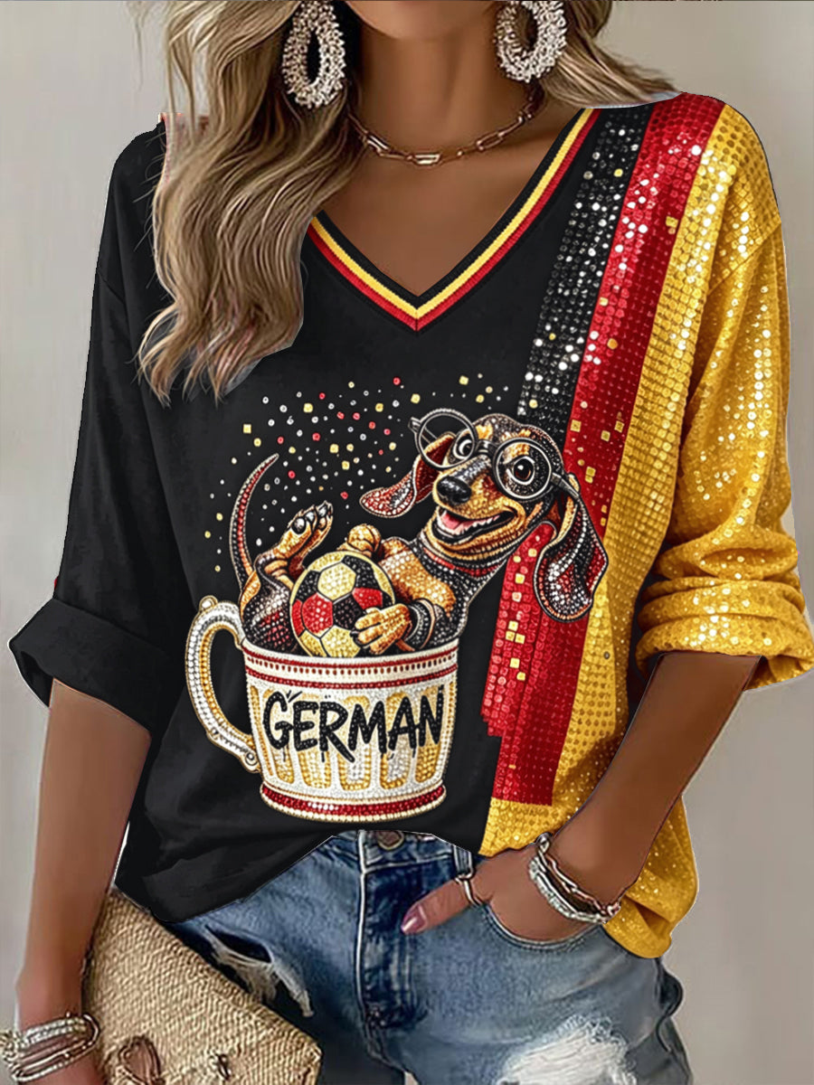 Damen-Casual-T-Shirt mit niedlichem Dackel- und Fußball-Motiv im Patchwork-Stil sowie V-Ausschnitt