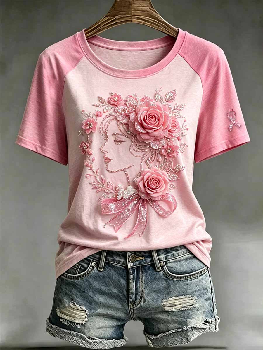 Damenmode T-Shirt mit Blumenmuster zur Brustkrebsaufklärung