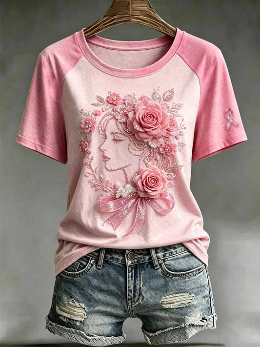 Damenmode T-Shirt mit Blumenmuster zur Brustkrebsaufklärung