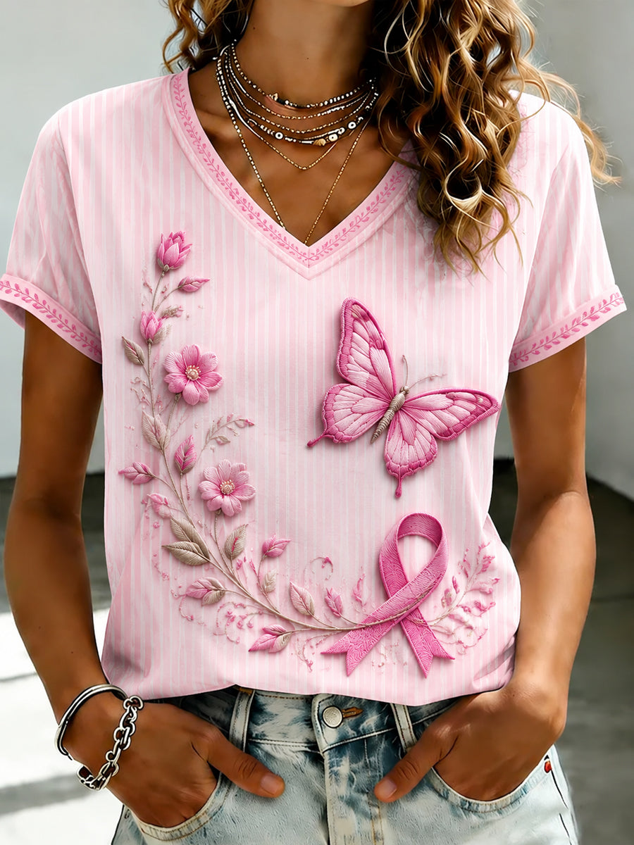 Damen-T-Shirt mit Brustkrebs-Prävention, rosa Blumenprint und V-Ausschnitt