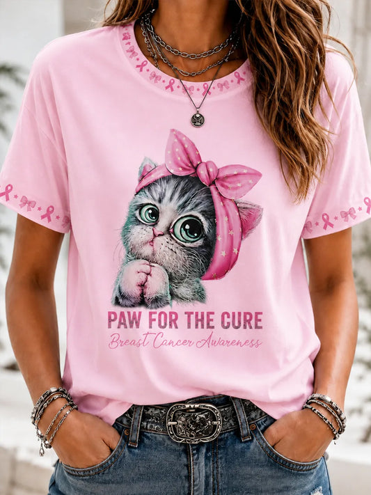 Brustkrebsbewusstseins-T-Shirt für Frauen mit niedlichem Katzen- und Rosa-Schleifen-Print, Kurzarm