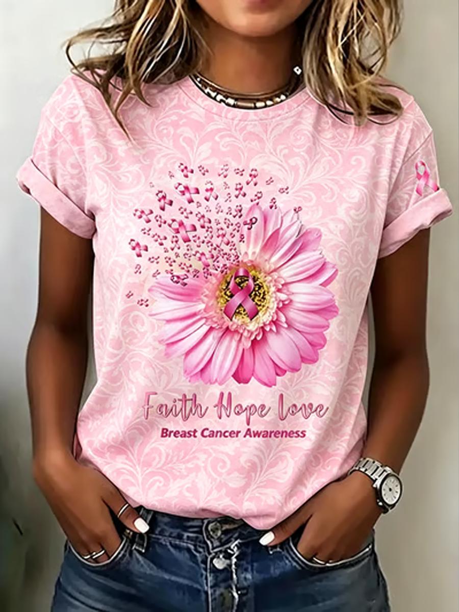 Damen-T-Shirt mit Brustkrebsbewusstseinsmotiv und kurzen Ärmeln