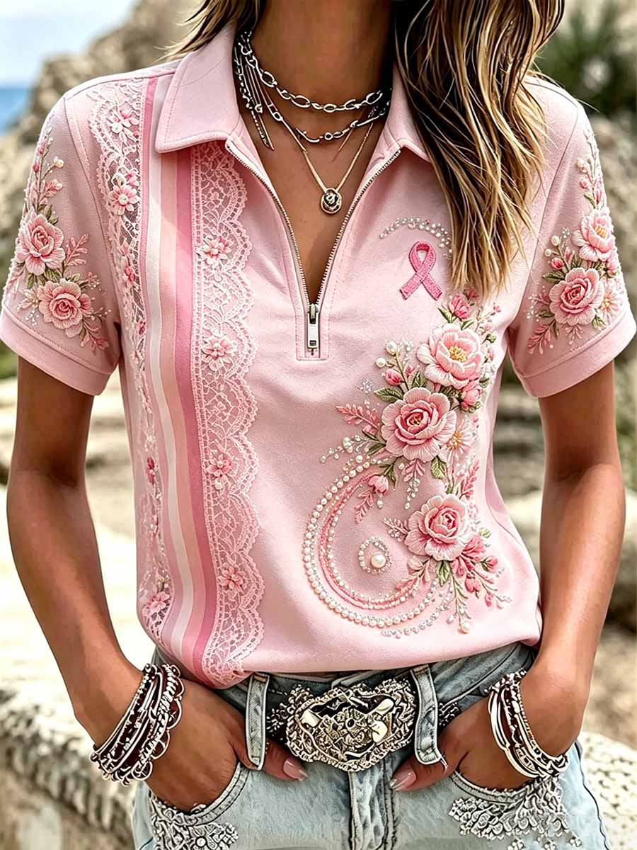 Damenmode T-Shirt mit Blumenmuster zur Brustkrebsaufklärung