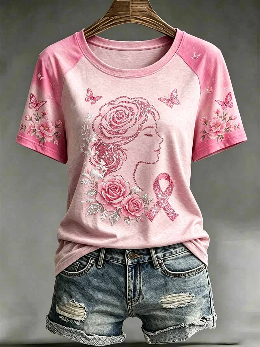 Damenmode T-Shirt mit Blumenmuster zur Brustkrebsaufklärung