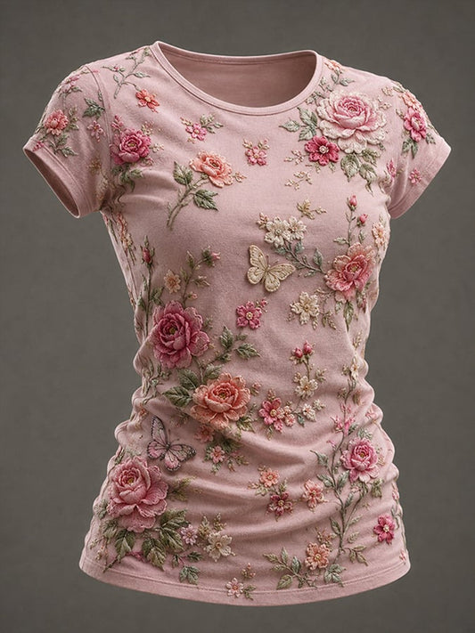 Damen T-Shirt mit rosa Blumen druck