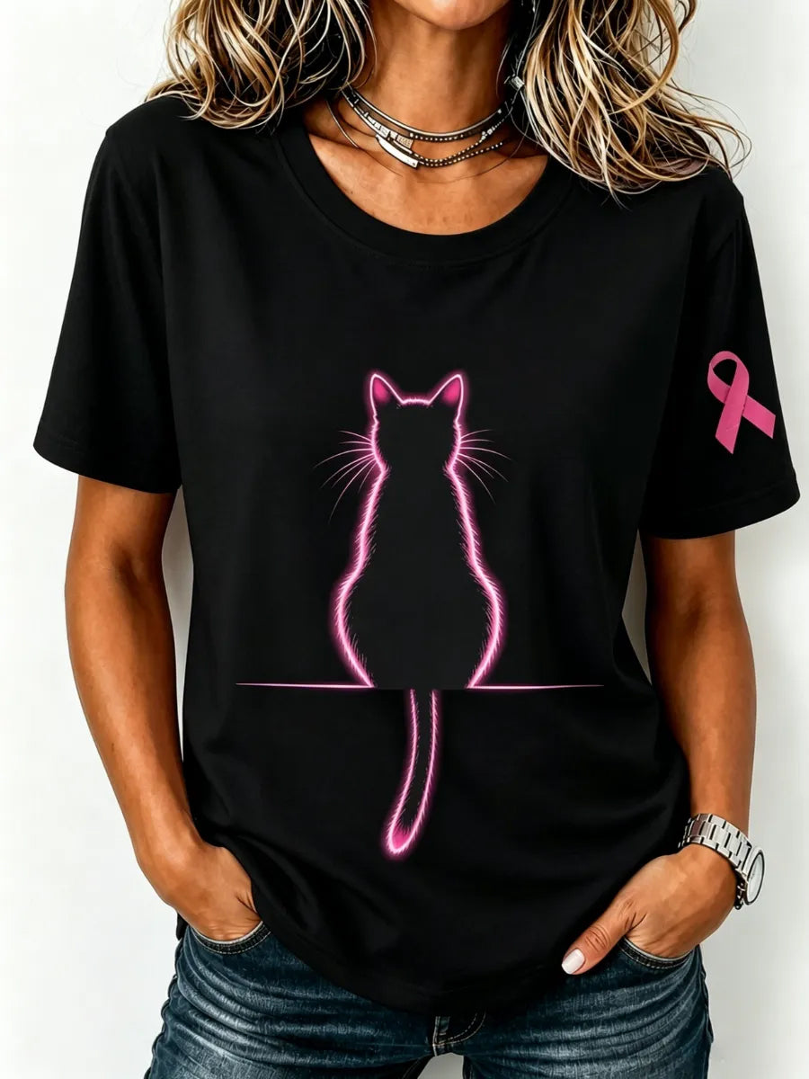 Brustkrebsbewusstseins-T-Shirt für Frauen mit niedlichem Katzen- und Rosa-Schleifen-Print, Kurzarm