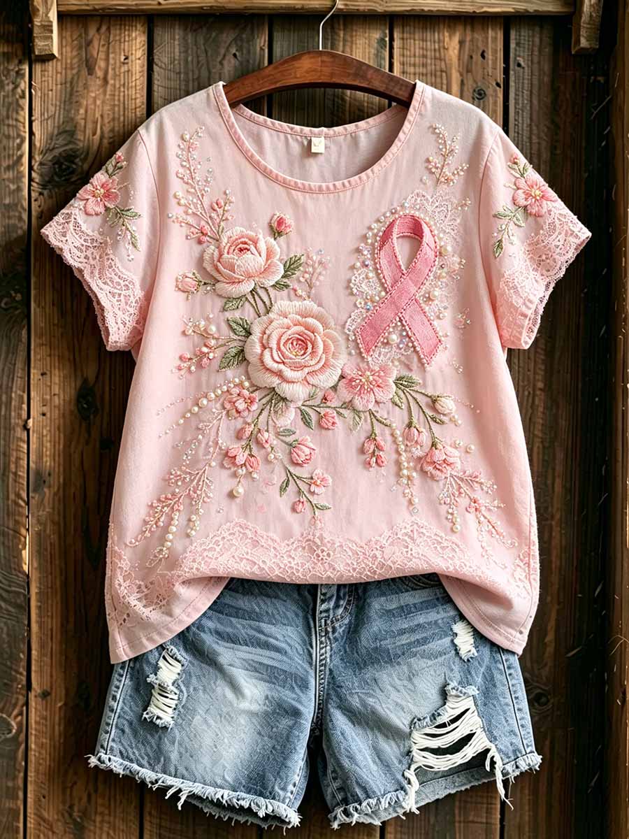 Damenmode T-Shirt mit Blumenmuster zur Brustkrebsaufklärung