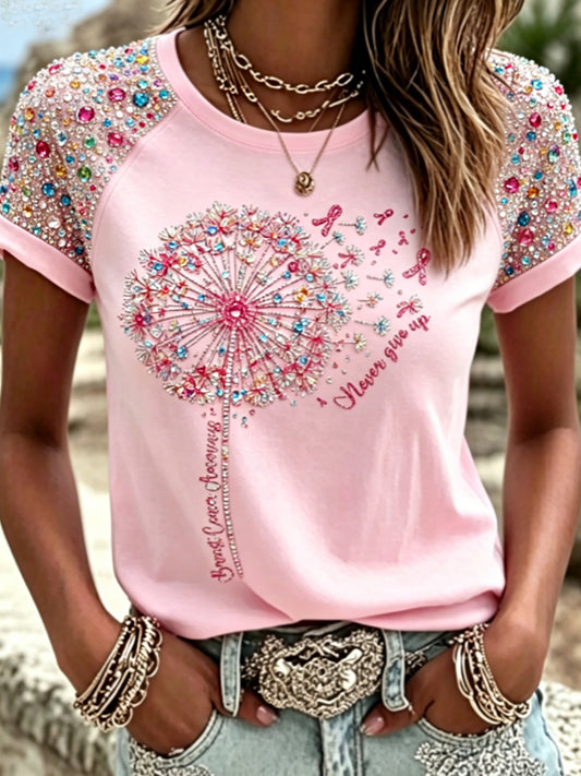 Damen-Retro-T-Shirt mit rosa Rosen-Print, lässig