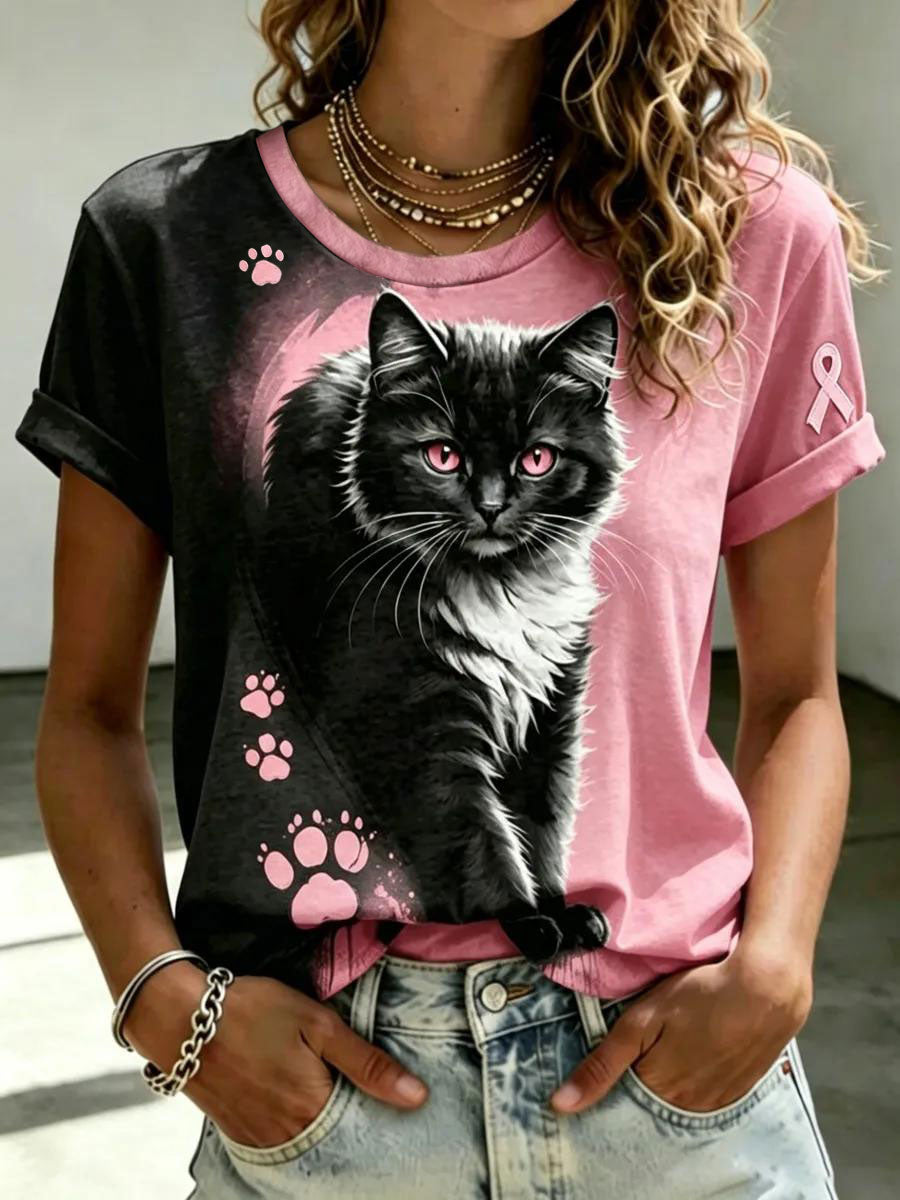 Brustkrebsbewusstseins-T-Shirt für Frauen mit niedlichem Katzen- und Rosa-Schleifen-Print, Kurzarm