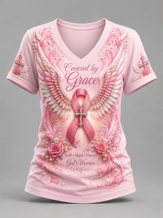 Kurzarm-T-Shirt mit Kunst druck zum Monat des Bewusstseins für Brustkrebs für Frauen