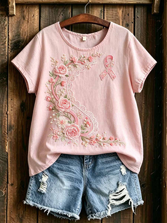 Damenmode T-Shirt mit Blumenmuster zur Brustkrebsaufklärung