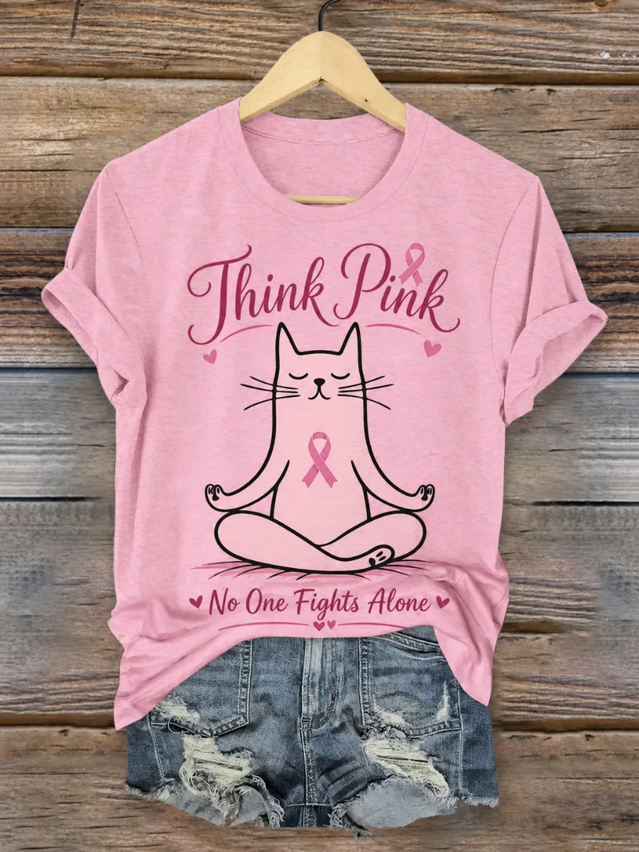 Brustkrebsbewusstseins-T-Shirt für Frauen mit niedlichem Katzen- und Rosa-Schleifen-Print, Kurzarm
