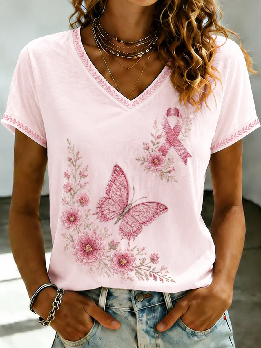 Damen-T-Shirt mit Brustkrebs-Prävention, rosa Blumenprint und V-Ausschnitt