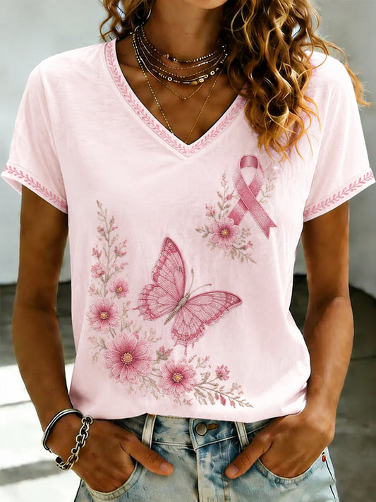 Damen-T-Shirt mit Brustkrebs-Prävention, rosa Blumenprint und V-Ausschnitt