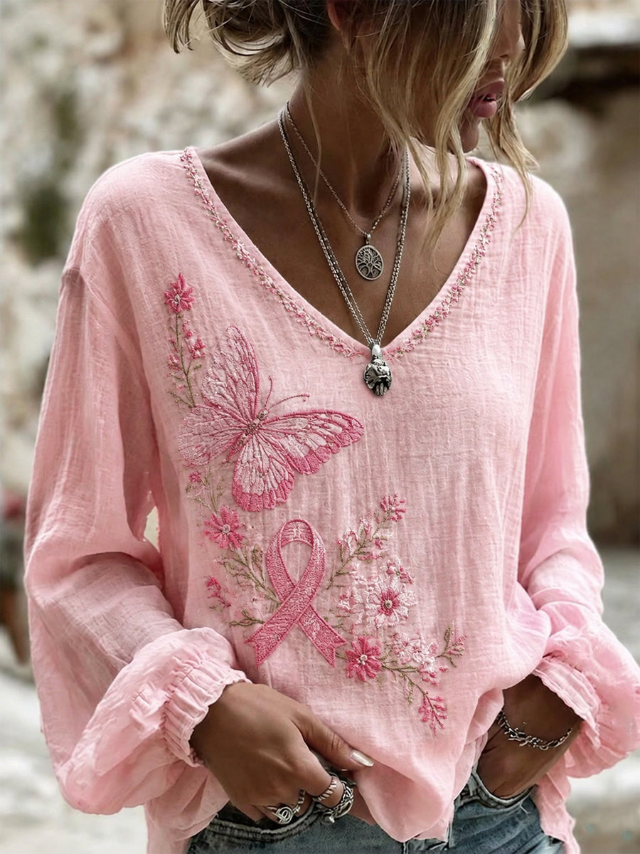 Frauen Brustkrebs-Rosa Blumen-Print Baumwoll-Leinen-Shirt