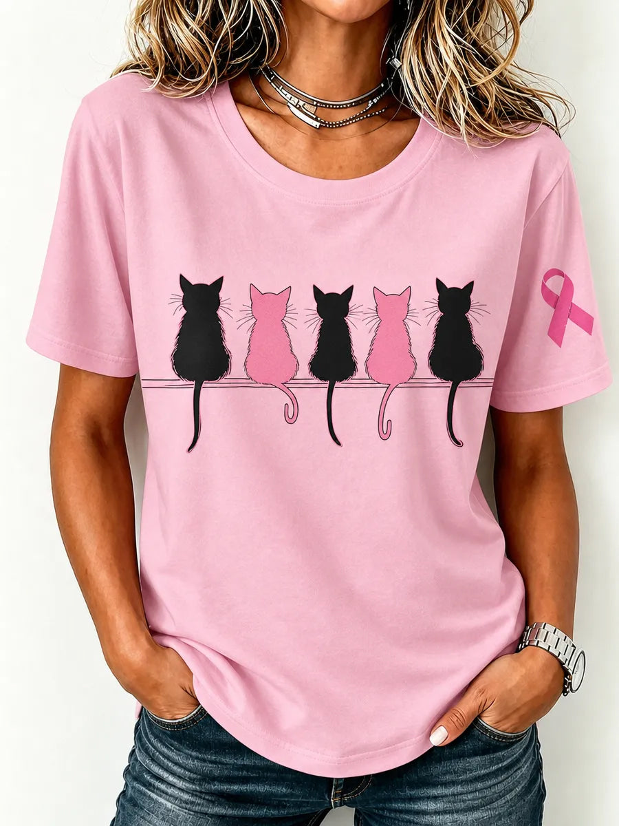 Frauen Brustkrebs Bewusstsein Süße Katze Rosa Band Druck Kurzarm T-Shirt