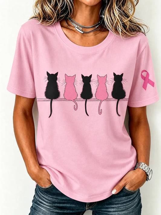 Frauen Brustkrebs Bewusstsein Süße Katze Rosa Band Druck Kurzarm T-Shirt