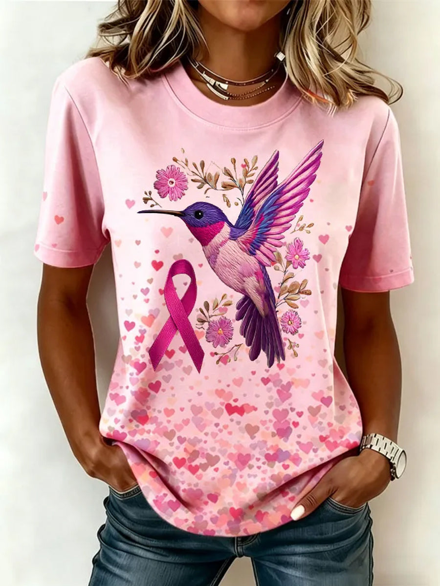 Damen-Kurzarm-T-Shirt mit rosa Blumen-und Kolibri druck für Brustkrebs