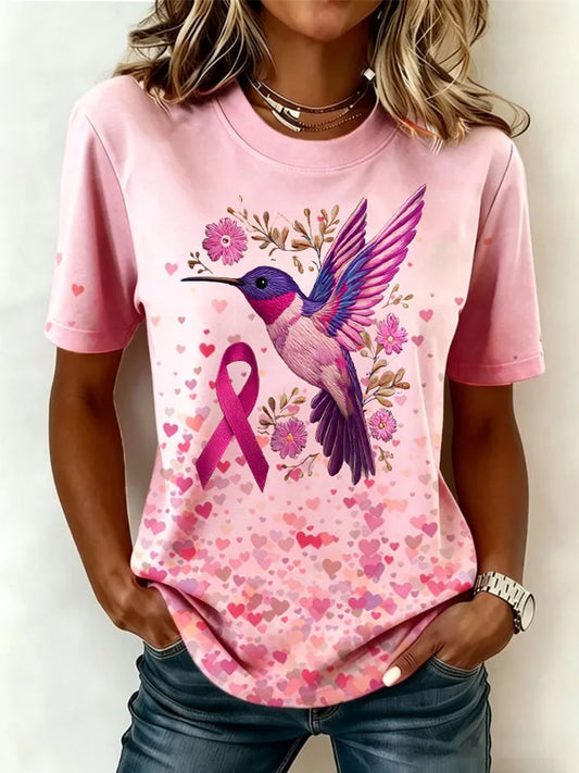 Damen-Kurzarm-T-Shirt mit rosa Blumen-und Kolibri druck für Brustkrebs