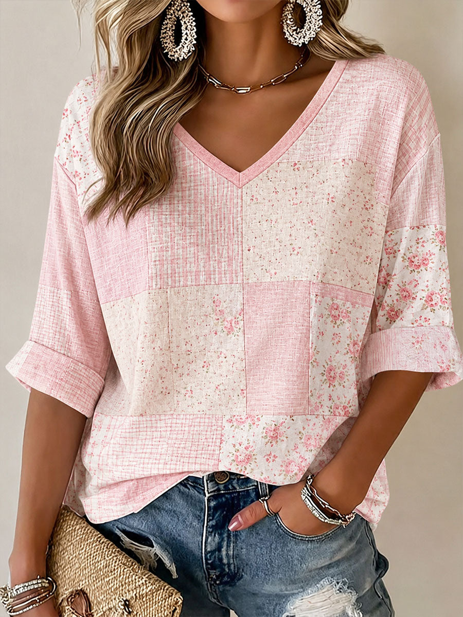 Damen-Lässiges T-Shirt mit pinkem Blumenmuster