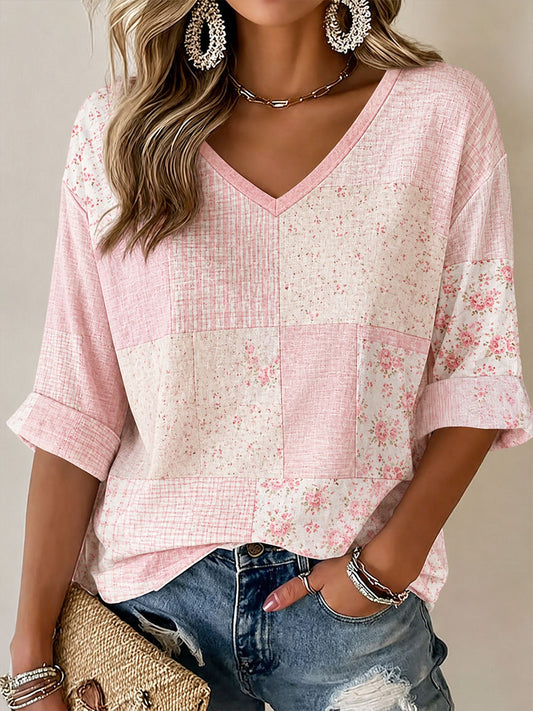 Damen-Lässiges T-Shirt mit pinkem Blumenmuster