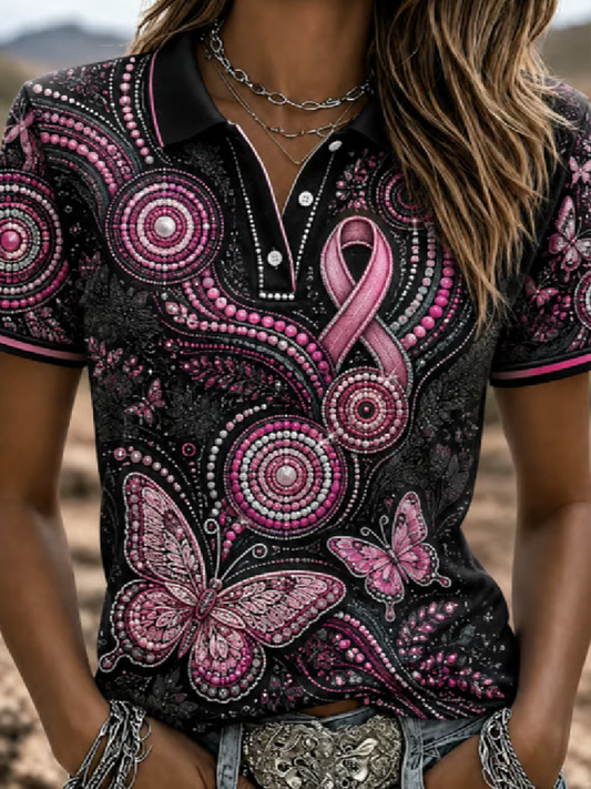 Bedrucktes Poloshirt zur Brustkrebsaufklärung für Frauen