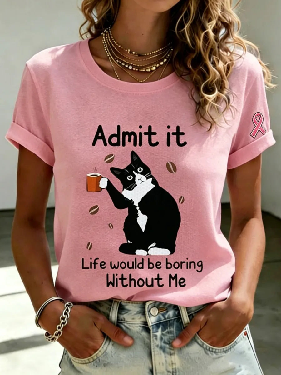Brustkrebsbewusstseins-T-Shirt für Frauen mit niedlichem Katzen- und Rosa-Schleifen-Print, Kurzarm