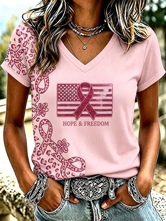 Frauen-T-Shirt mit Brustkrebsbewusstseins-Druck in Pink mit Schleife und kurzen Ärmeln