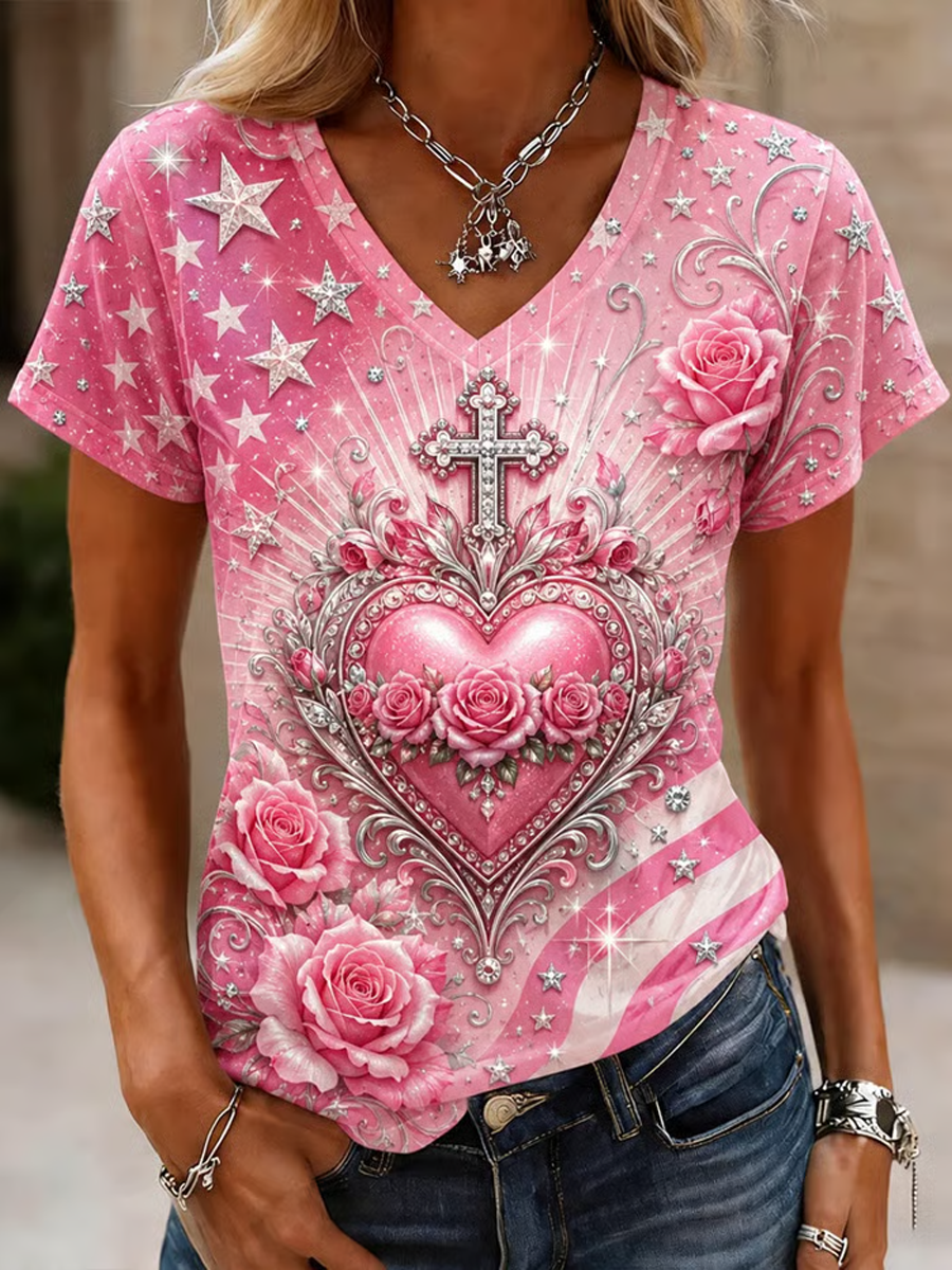 T-Shirt mit Kurzärmeln und Aufdruck zur Brustkrebsbewusstseinsbildung bei Frauen