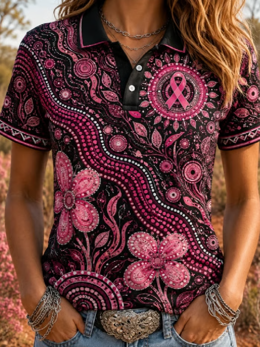 Bedrucktes Poloshirt zur Brustkrebsaufklärung für Frauen
