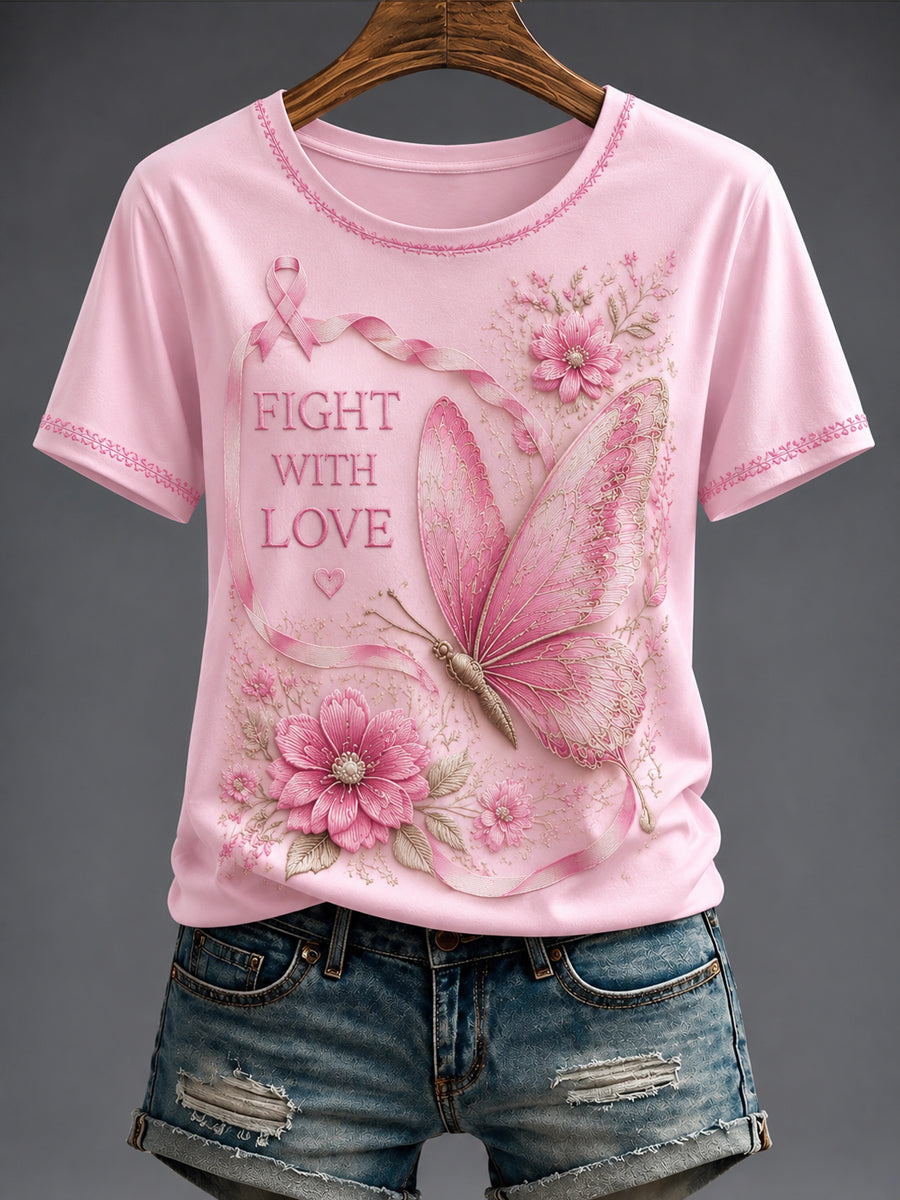 Damen-T-Shirt mit Brustkrebs- und rosa Blumenmuster